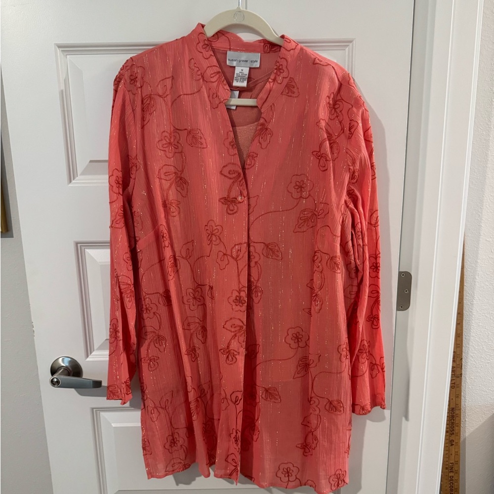 Coral Floral Embroidered Blouse with tank top 1X
